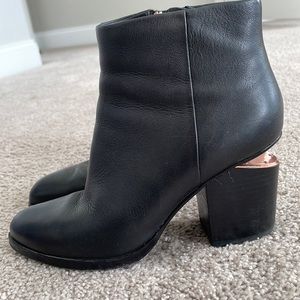 Alexander Wang “Gabi” Booties - Black Leather with Rose Gold tilt heel, Size 7.5